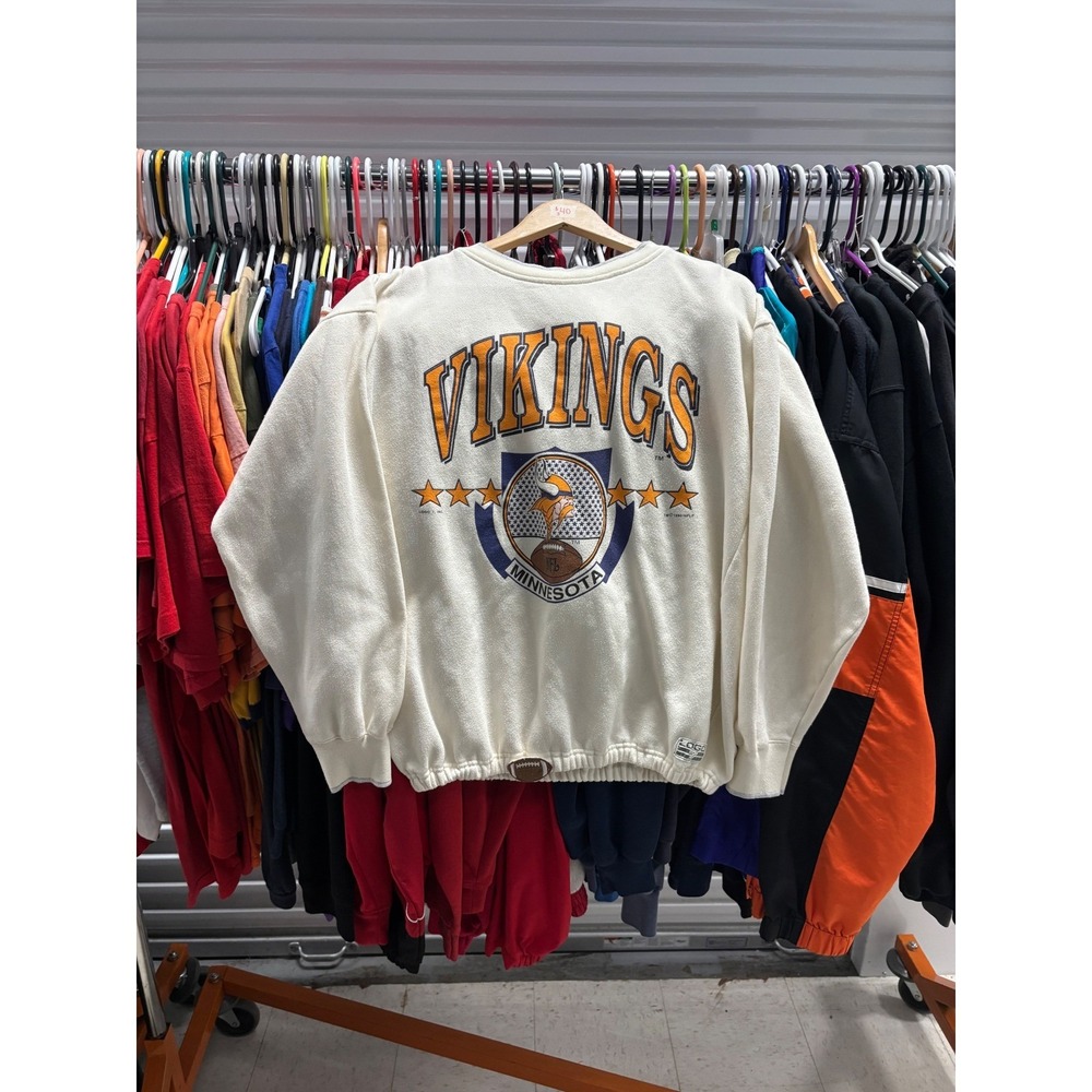 Vintage 1990 Logo 7 Minnesota Vikings Sweatshirt Mens Large Cream NFL 90s